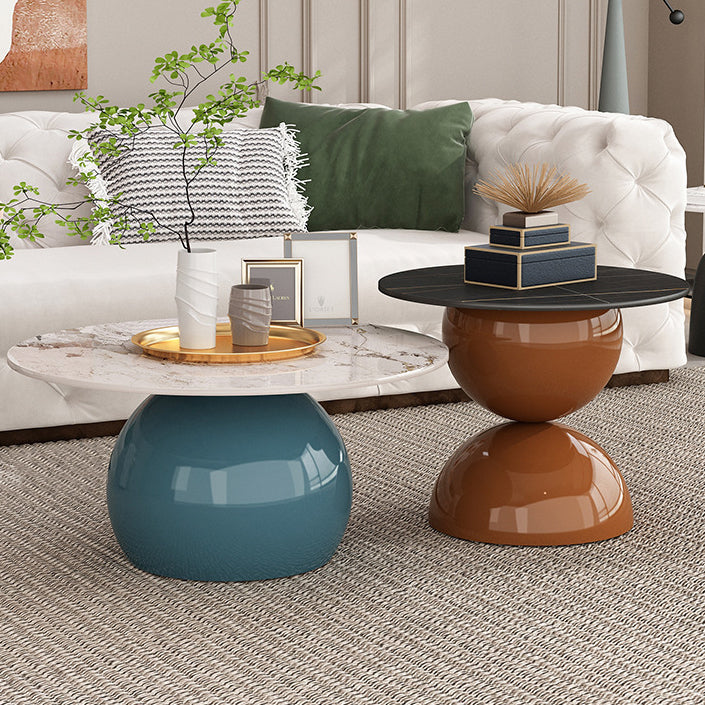 Contemporary Creative Cream Orb Round Half Round Rock Slab Metal End Table 1-Tier For Living Room