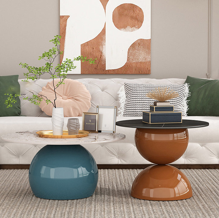 Contemporary Creative Cream Orb Round Half Round Rock Slab Metal End Table 1-Tier For Living Room