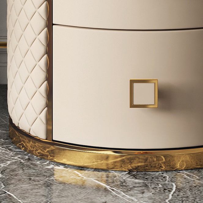 Modern Luxury Diamond Round Marble Microfiber Leather Gold-plated Stainless Steel Solid Wood Nightstand 2-Drawer For Bedroom