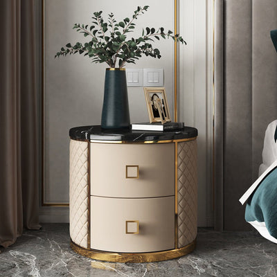 Modern Luxury Diamond Round Marble Microfiber Leather Gold-plated Stainless Steel Solid Wood Nightstand 2-Drawer For Bedroom