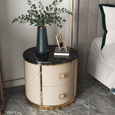 Modern Luxury Diamond Round Marble Microfiber Leather Gold-plated Stainless Steel Solid Wood Nightstand 2-Drawer For Bedroom