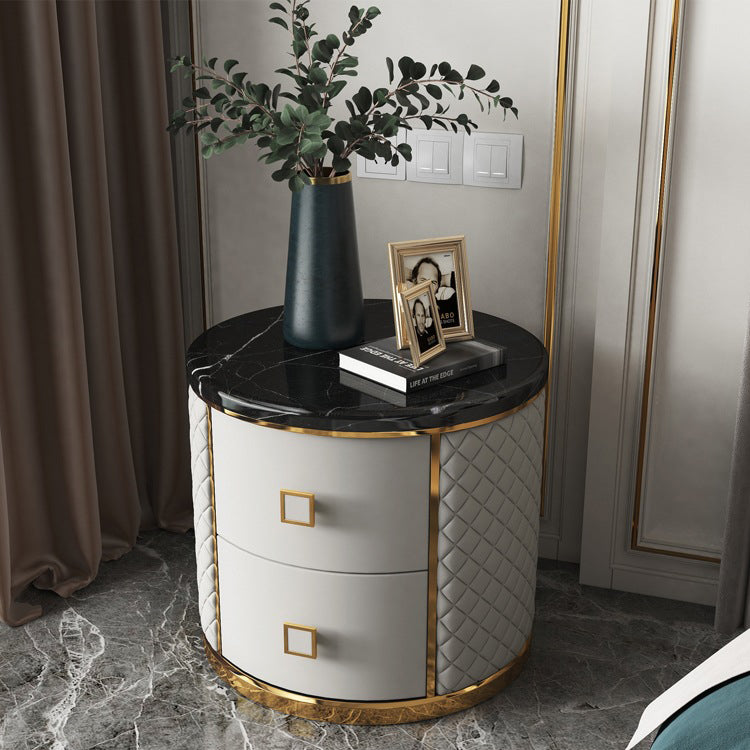 Modern Luxury Diamond Round Marble Microfiber Leather Gold-plated Stainless Steel Solid Wood Nightstand 2-Drawer For Bedroom