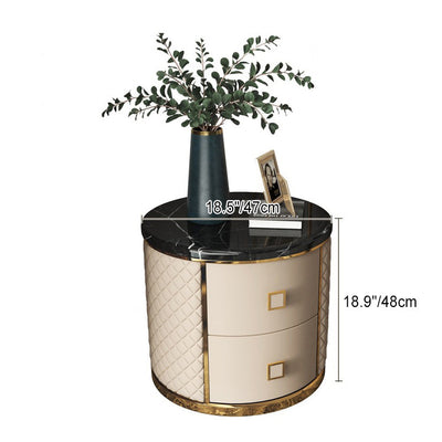 Modern Luxury Diamond Round Marble Microfiber Leather Gold-plated Stainless Steel Solid Wood Nightstand 2-Drawer For Bedroom