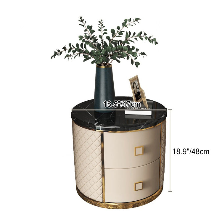 Modern Luxury Diamond Round Marble Microfiber Leather Gold-plated Stainless Steel Solid Wood Nightstand 2-Drawer For Bedroom