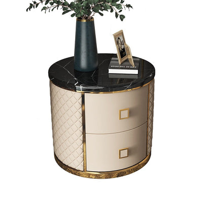 Modern Luxury Diamond Round Marble Microfiber Leather Gold-plated Stainless Steel Solid Wood Nightstand 2-Drawer For Bedroom