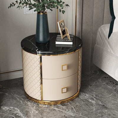 Modern Luxury Diamond Round Marble Microfiber Leather Gold-plated Stainless Steel Solid Wood Nightstand 2-Drawer For Bedroom