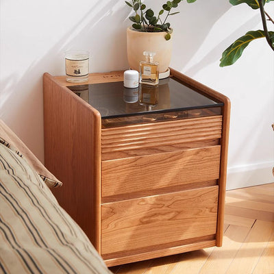 Modern Minimalist Removable Square Glass Solid Wood Nightstand 2-Drawer For Bedroom