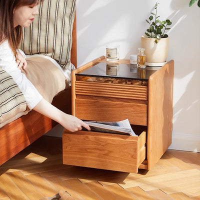 Modern Minimalist Removable Square Glass Solid Wood Nightstand 2-Drawer For Bedroom