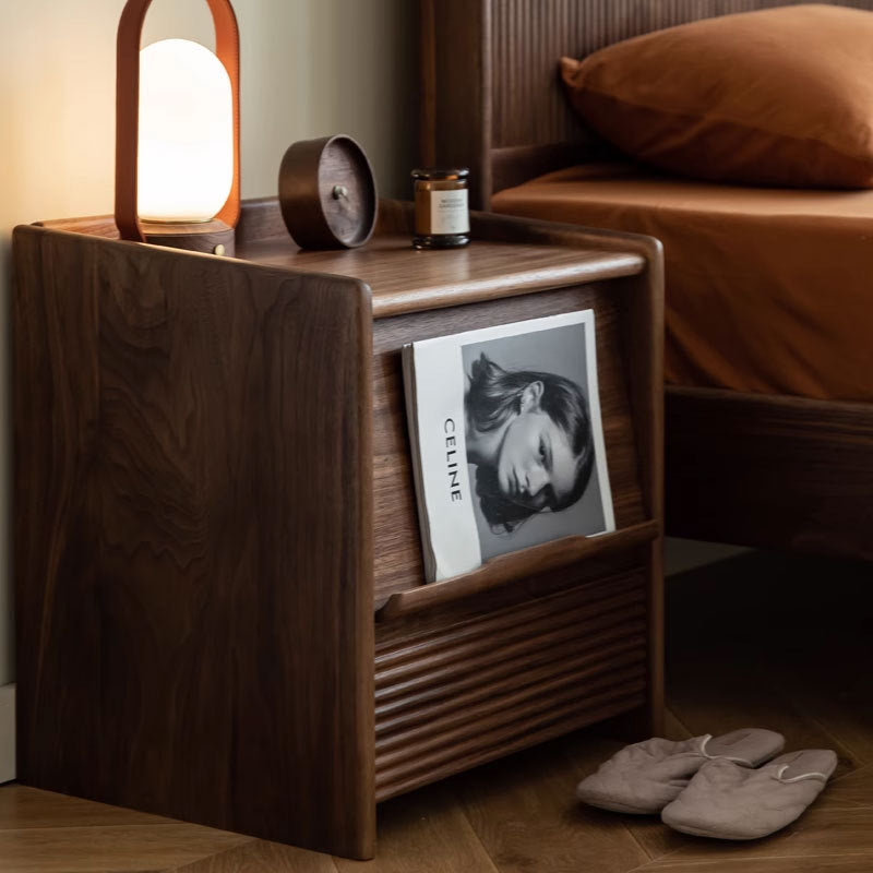 Modern Minimalist Striped Square Solid Wood Nightstand 1-Drawer For Bedroom