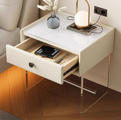 Modern Minimalist Rectangular Reinforced Glass Leather Wood Acrylic Stainless Steel Nightstand 1-Drawer For Bedside