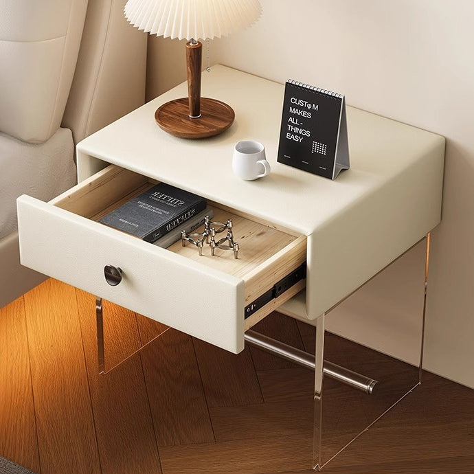 Modern Minimalist Rectangular Reinforced Glass Leather Wood Acrylic Stainless Steel Nightstand 1-Drawer For Bedside