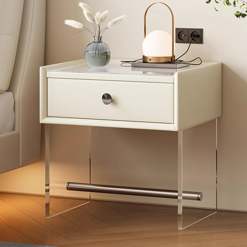 Modern Minimalist Rectangular Reinforced Glass Leather Wood Acrylic Stainless Steel Nightstand 1-Drawer For Bedside