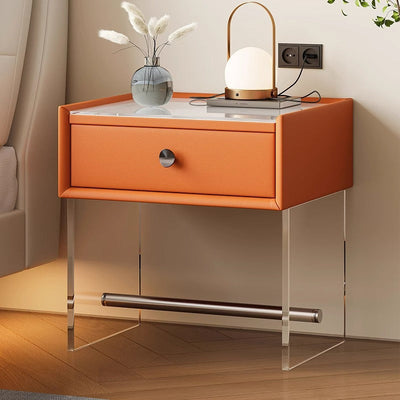 Modern Minimalist Rectangular Reinforced Glass Leather Wood Acrylic Stainless Steel Nightstand 1-Drawer For Bedside