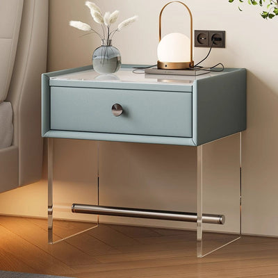 Modern Minimalist Rectangular Reinforced Glass Leather Wood Acrylic Stainless Steel Nightstand 1-Drawer For Bedside