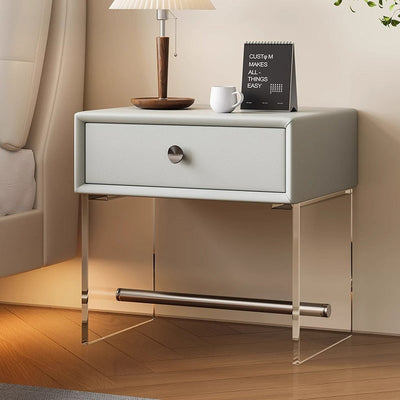 Modern Minimalist Rectangular Reinforced Glass Leather Wood Acrylic Stainless Steel Nightstand 1-Drawer For Bedside