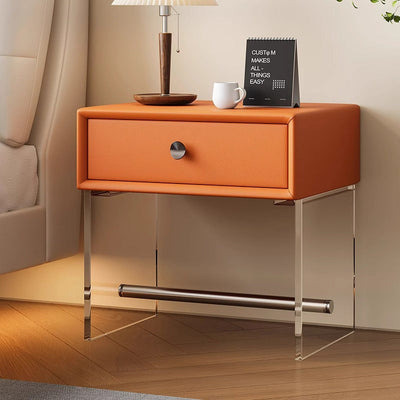 Modern Minimalist Rectangular Reinforced Glass Leather Wood Acrylic Stainless Steel Nightstand 1-Drawer For Bedside