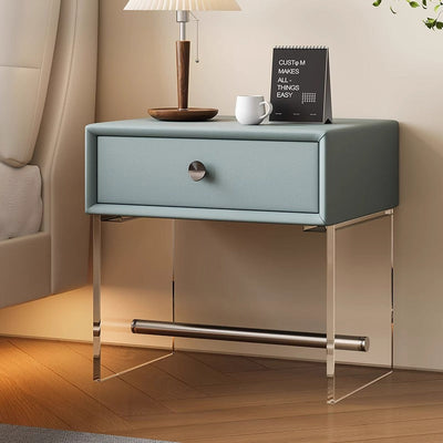 Modern Minimalist Rectangular Reinforced Glass Leather Wood Acrylic Stainless Steel Nightstand 1-Drawer For Bedside