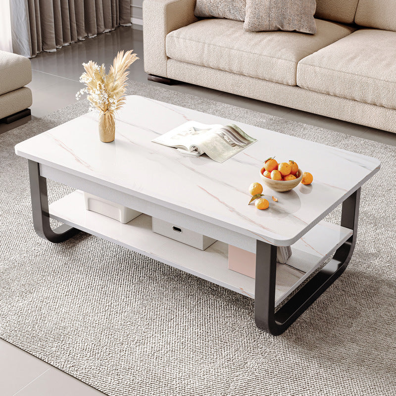 Modern Minimalist Rectangular Plate Steel Coffee Table 2-Tier For Living Room