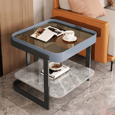 Modern Simplicity Square Slab Reinforced Glass Iron End Table 2-Tier For Living Room