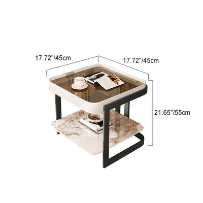 Modern Simplicity Square Slab Reinforced Glass Iron End Table 2-Tier For Living Room