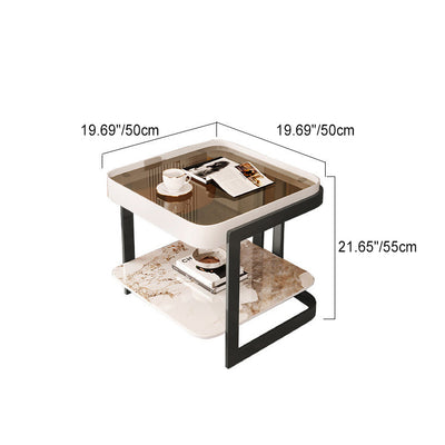 Modern Simplicity Square Slab Reinforced Glass Iron End Table 2-Tier For Living Room