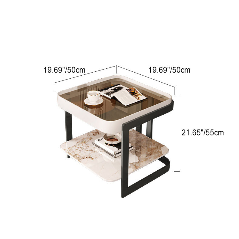 Modern Simplicity Square Slab Reinforced Glass Iron End Table 2-Tier For Living Room