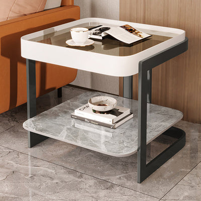 Modern Simplicity Square Slab Reinforced Glass Iron End Table 2-Tier For Living Room