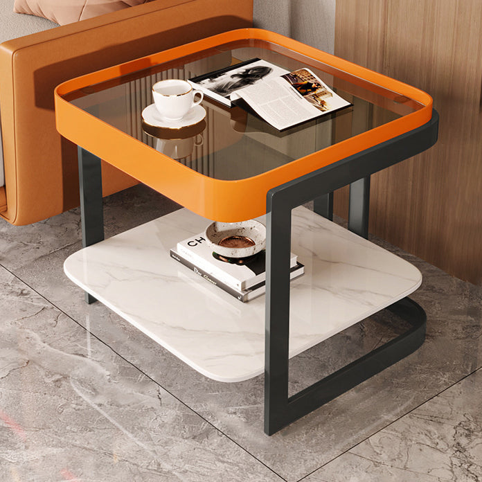 Modern Simplicity Square Slab Reinforced Glass Iron End Table 2-Tier For Living Room