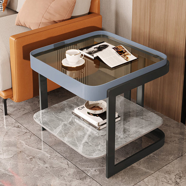 Modern Simplicity Square Slab Reinforced Glass Iron End Table 2-Tier For Living Room