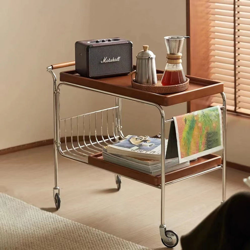 Modern Mid-Century Rectangular Trolley Metal Wood Plate Side Table 2-Tier Movable For Living Room