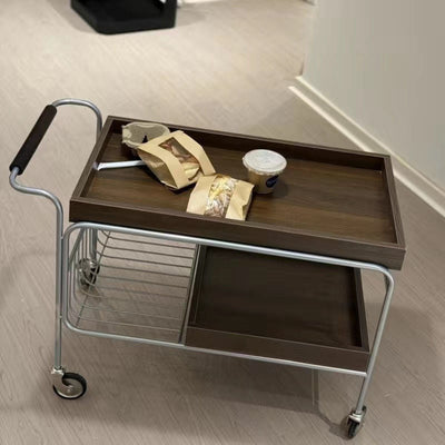 Modern Mid-Century Rectangular Trolley Metal Wood Plate Side Table 2-Tier Movable For Living Room