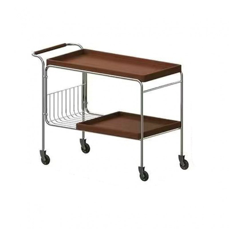 Modern Mid-Century Rectangular Trolley Metal Wood Plate Side Table 2-Tier Movable For Living Room