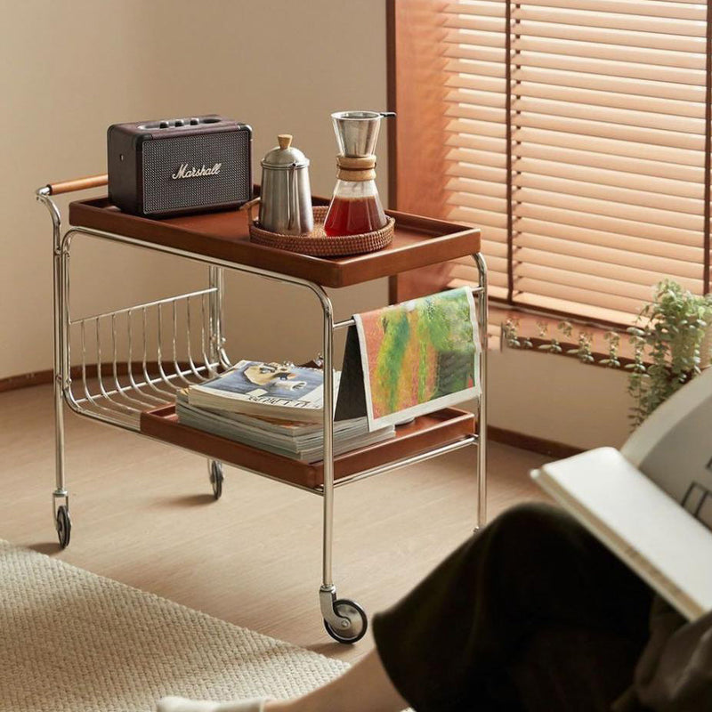 Modern Mid-Century Rectangular Trolley Metal Wood Plate Side Table 2-Tier Movable For Living Room