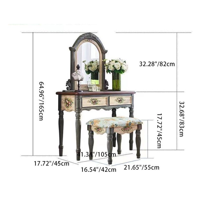 Traditional European Elliptical Mirror Rectangular Painting Wood Plate Makeup Vanity & Stool Set For Bedroom