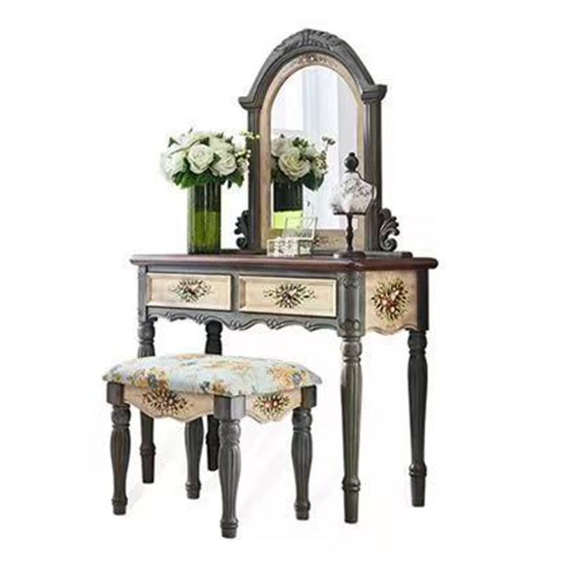 Traditional European Elliptical Mirror Rectangular Painting Wood Plate Makeup Vanity & Stool Set For Bedroom