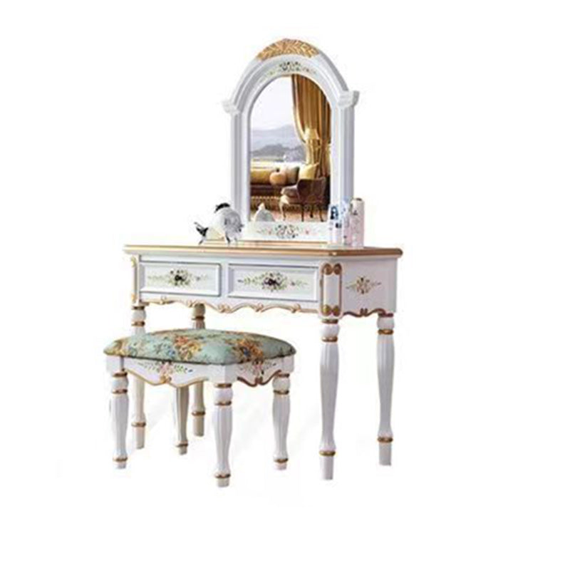 Traditional European Elliptical Mirror Rectangular Painting Wood Plate Makeup Vanity & Stool Set For Bedroom