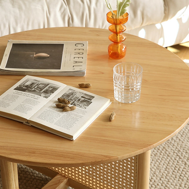 Traditional Japanese Weaving Round Rattan Wood Coffee Table For Living Room