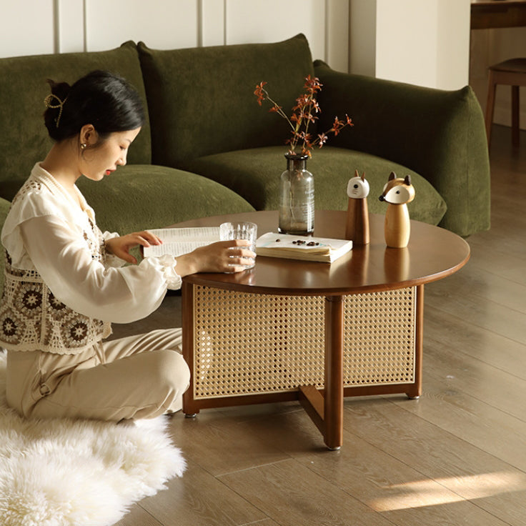 Traditional Japanese Weaving Round Rattan Wood Coffee Table For Living Room