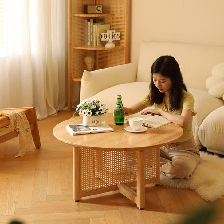 Traditional Japanese Weaving Round Rattan Wood Coffee Table For Living Room