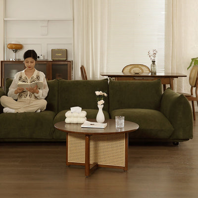 Traditional Japanese Weaving Round Rattan Wood Coffee Table For Living Room