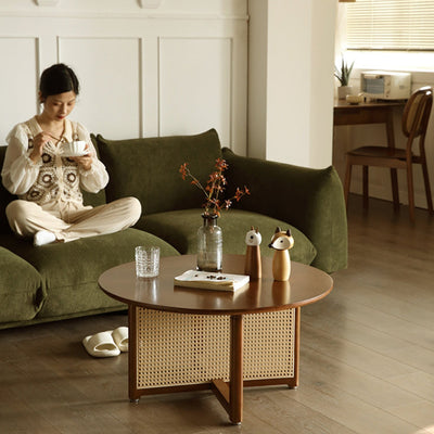 Traditional Japanese Weaving Round Rattan Wood Coffee Table For Living Room