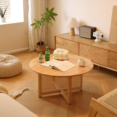 Traditional Japanese Weaving Round Rattan Wood Coffee Table For Living Room