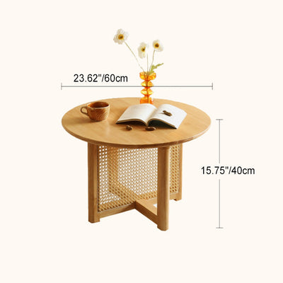 Traditional Japanese Weaving Round Rattan Wood Coffee Table For Living Room