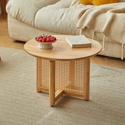 Traditional Japanese Weaving Round Rattan Wood Coffee Table For Living Room