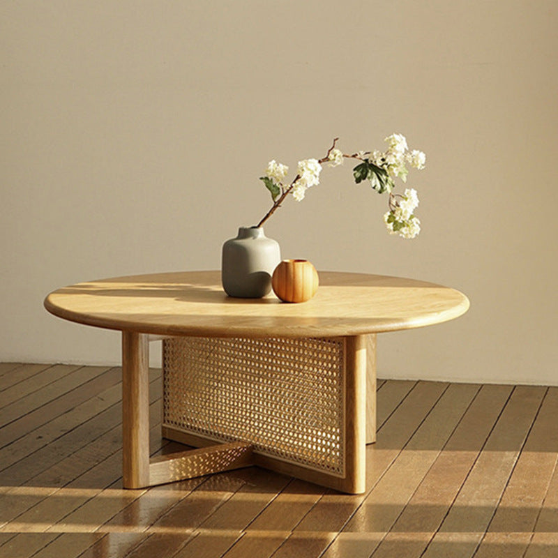 Traditional Japanese Weaving Round Rattan Wood Coffee Table For Living Room