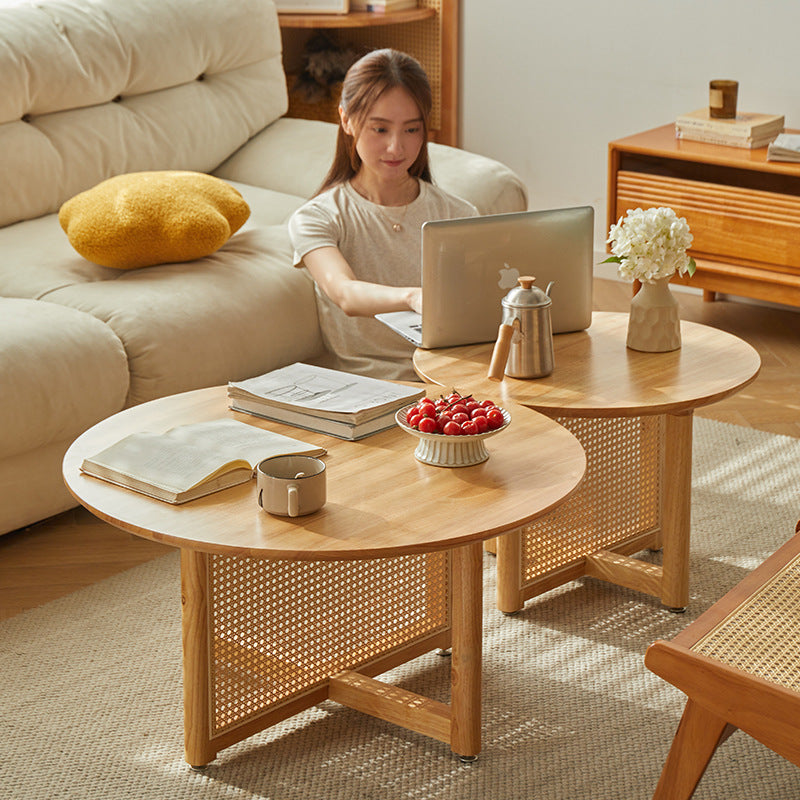 Traditional Japanese Weaving Round Rattan Wood Coffee Table For Living Room