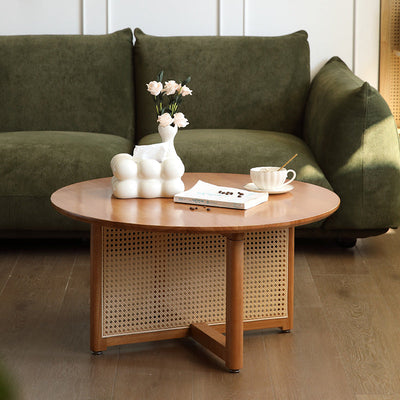 Traditional Japanese Weaving Round Rattan Wood Coffee Table For Living Room