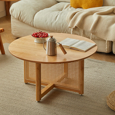 Traditional Japanese Weaving Round Rattan Wood Coffee Table For Living Room