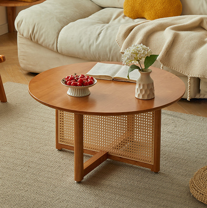 Traditional Japanese Weaving Round Rattan Wood Coffee Table For Living Room