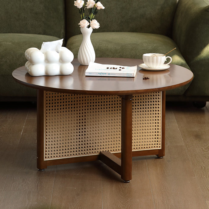 Traditional Japanese Weaving Round Rattan Wood Coffee Table For Living Room